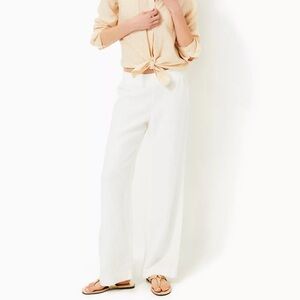 Lilly Pulitzer 100% Linen Palazzo Pant Size M White Pockets Elastic-Waist Chic